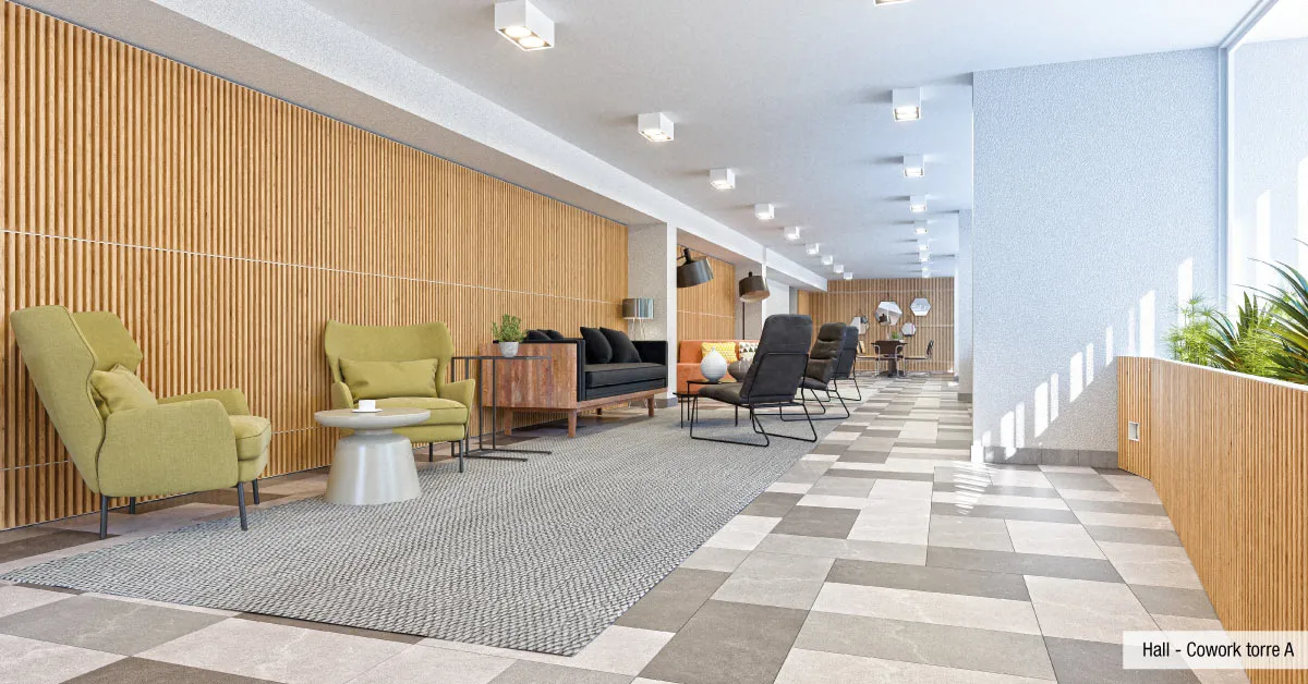 Hall de acceso con recepción y sector cowork del Condominio Francisco Zelada